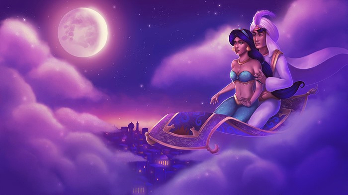 Aladdin and Jasmine flying on a magic carpet