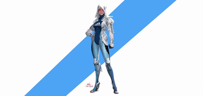 Futuristic woman in Adidas sportswear artwork