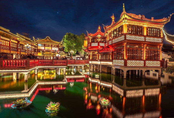 Traditional Chinese buildings at night in Shanghai