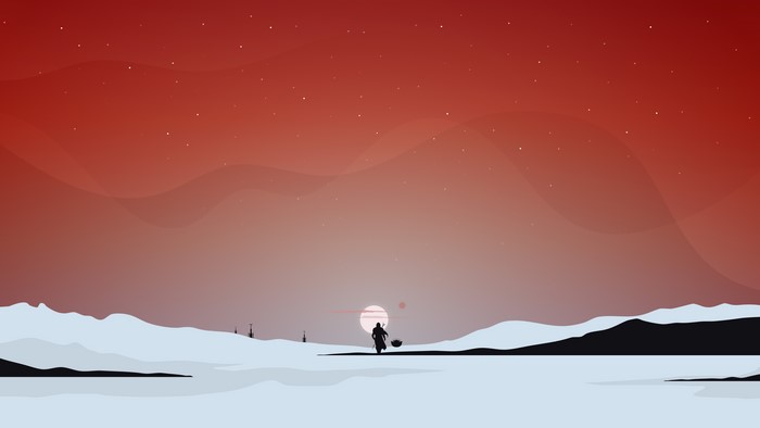 The Mandalorian and Grogu on a snowy planet
