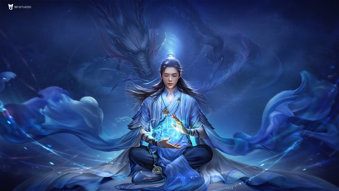Man in blue robes with dragon and magic