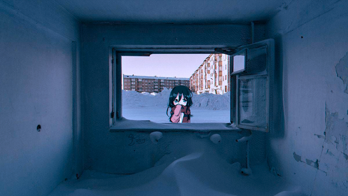 Anime girl in a snowy abandoned building in Russia