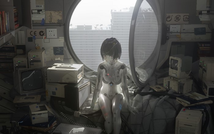 Gynoid with retro computers by a window