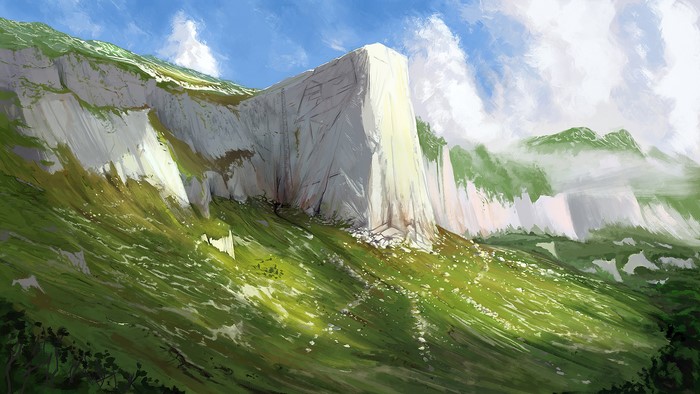 Digital painting of a mountain landscape with cliffs and green slopes