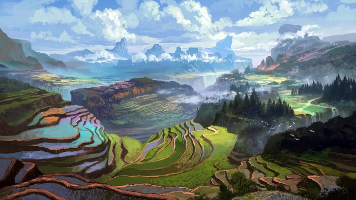 Fantasy landscape with rice terraces and mountains
