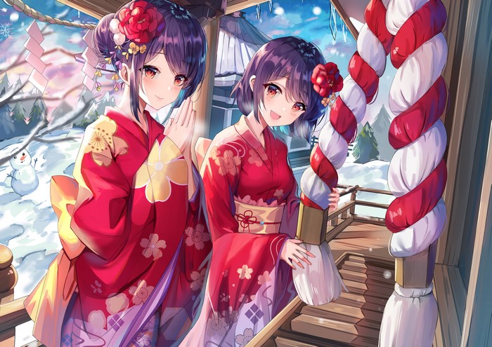 Two anime girls in kimonos in a snowy shrine