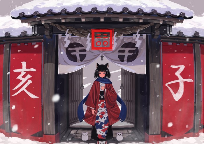 Anime girl in kimono at snowy shrine