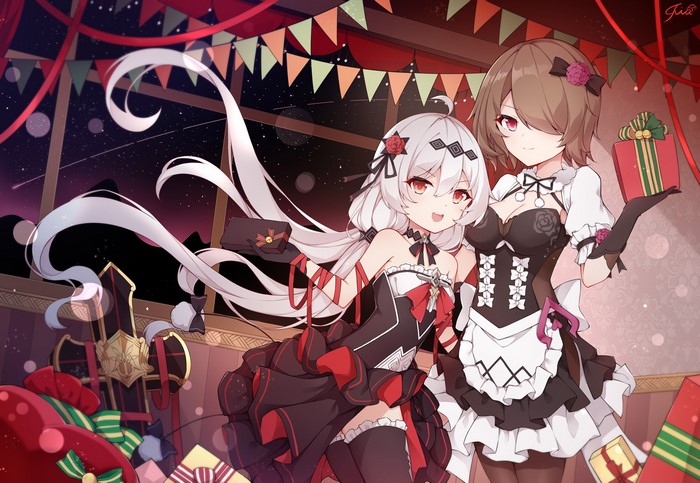 Two anime girls in maid outfits with gifts