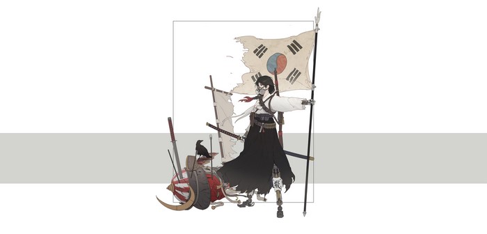 Anime girl with mask and sword holding Korean flag