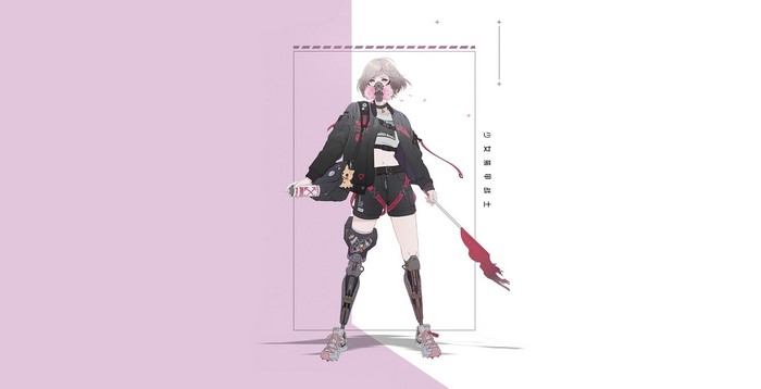 Anime girl with cyberpunk prosthetic legs and mask
