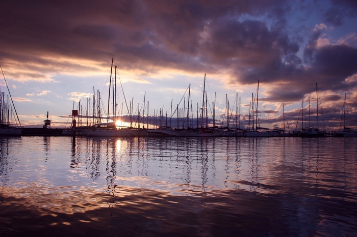 Sailboats docked in a harbor at sunset