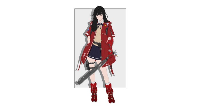 Anime girl with black hair and red coat holding a sword