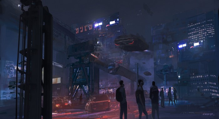 Futuristic dark cityscape with flying vehicles and people