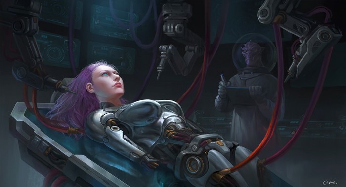 Alien scientist operates on cyborg woman