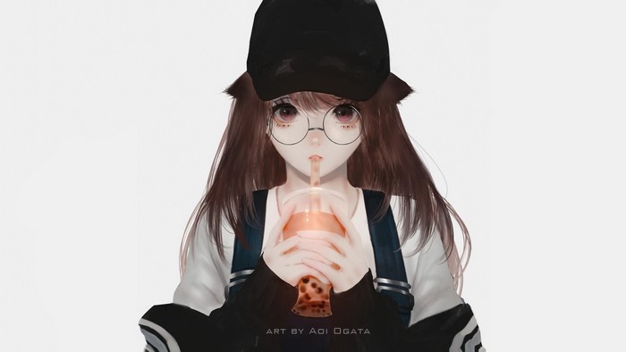 Artwork by Aoi Ogata: Girl with Black Hat Drinking Boba