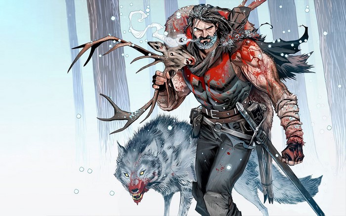 Man with deer and wolf in snowy forest