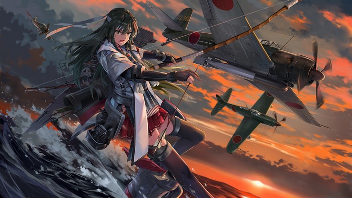 Anime girl with bow and arrows and Japanese aircraft