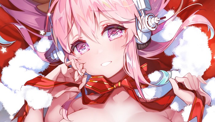 Anime girl with pink hair and headphones wearing Santa outfit