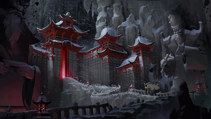 Fantasy architecture in a snowy cave with statues