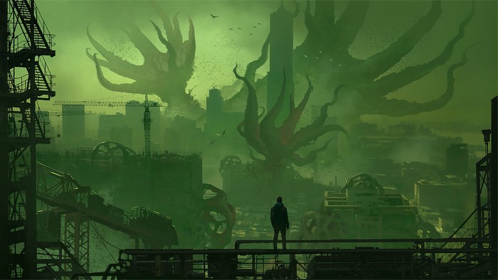 Giant tentacles emerge from a toxic city skyline