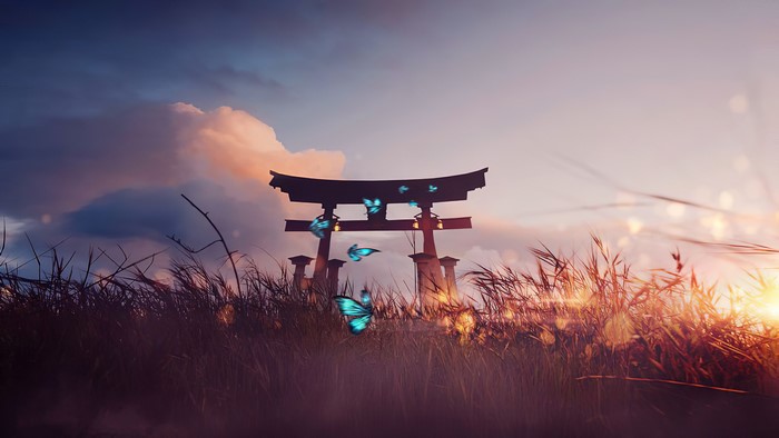 Torii gate with butterflies at sunset