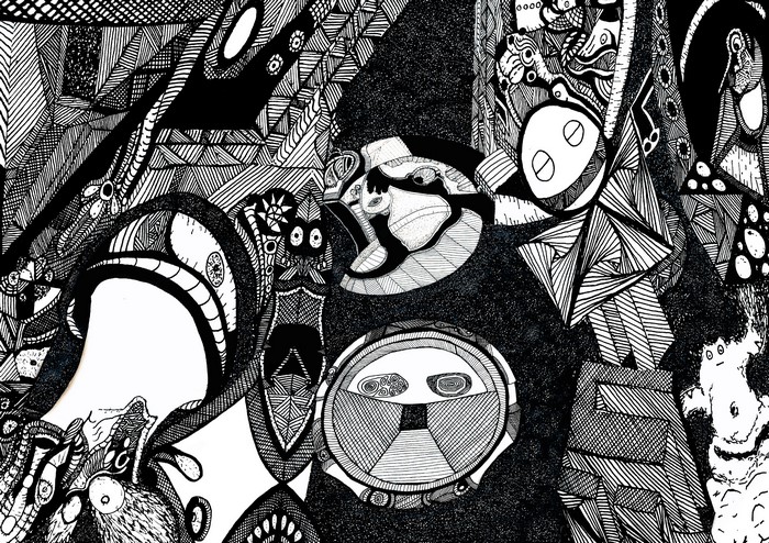 Abstract pen drawing with psychedelic patterns and faces