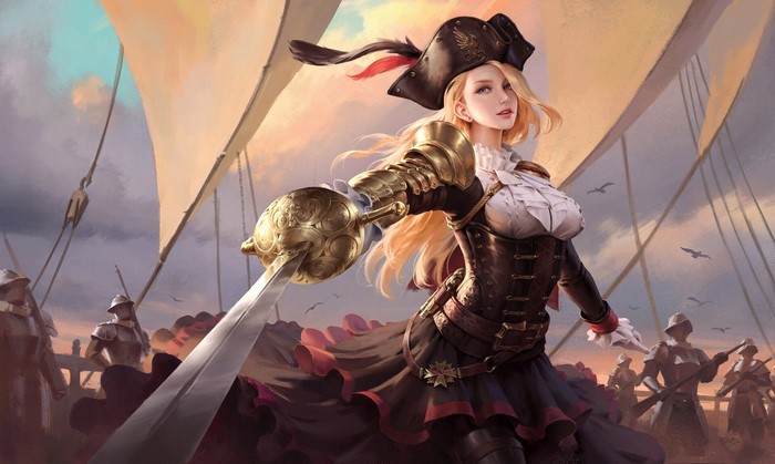 Pirate captain with sword on a ship