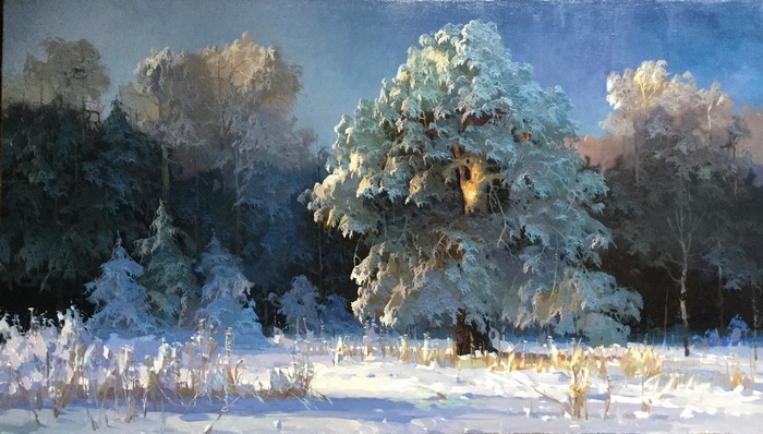 Artwork of a snowy forest with frosted trees