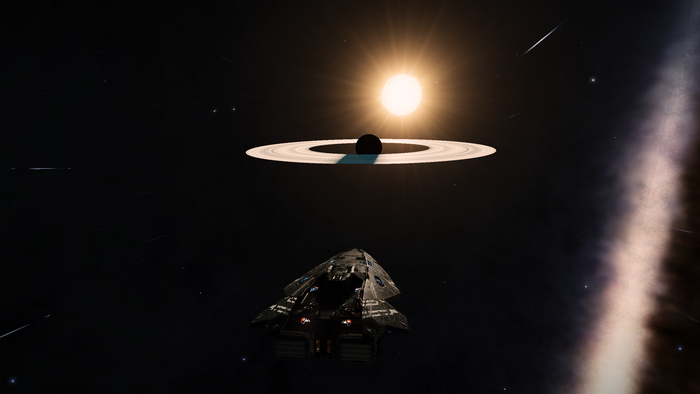 Elite: Dangerous space scene with ship and celestial bodies