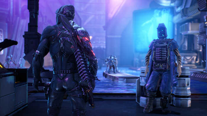Excalibur from Warframe in a futuristic setting