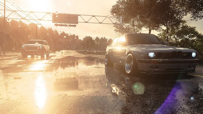 BMW M3 E30 and SUV on a wet road in Need for Speed: Heat