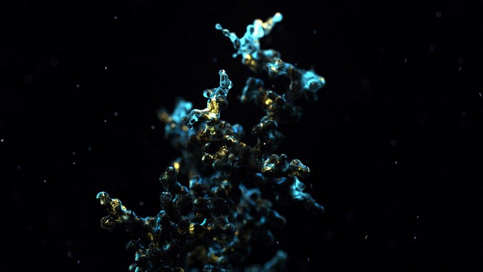 Abstract fluid render with blue and gold highlights