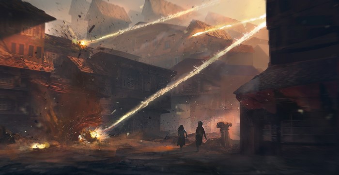 Two people running through a burning village with lasers