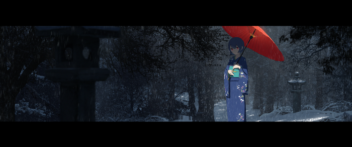 Anime girl with red umbrella in rain