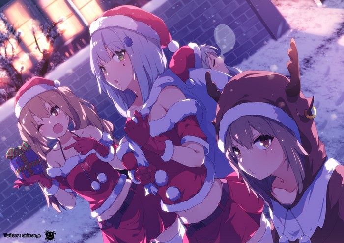 Anime girls in Santa outfits with presents in snow