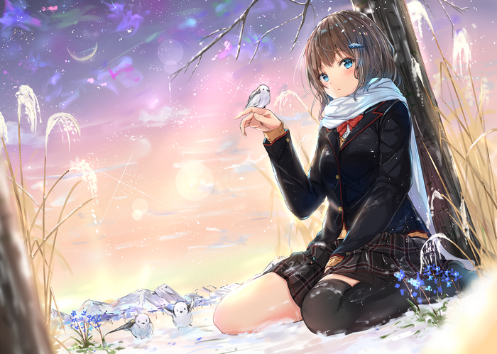 Anime girl with birds in winter landscape