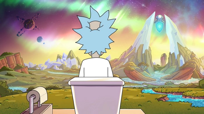 Rick Sanchez from Rick and Morty on a toilet