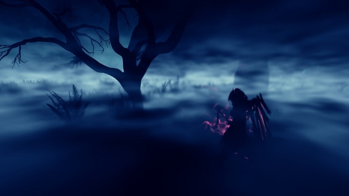 Warframe Wisp in a dark, foggy environment