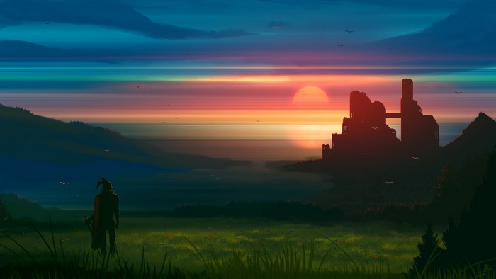 Fantasy knight at sunset overlooking ruins