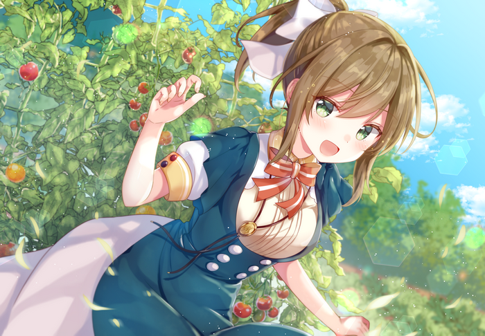Anime girl picking tomatoes in a garden