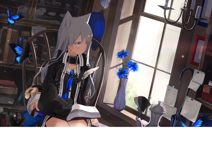 Anime girl with animal ears and butterflies