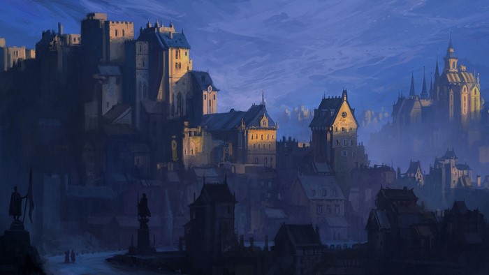 Fantasy cityscape with castles and towers