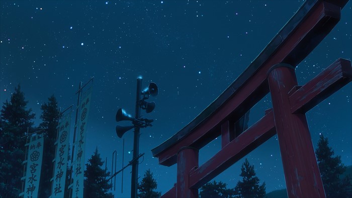 Night sky with stars over a shrine torii gate