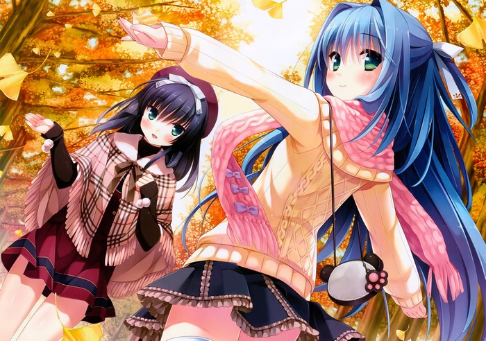 Two anime girls with long hair in autumn