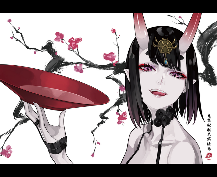 Anime girl with horns holding a red plate