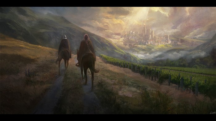 Two riders on horses approach a distant fantasy city