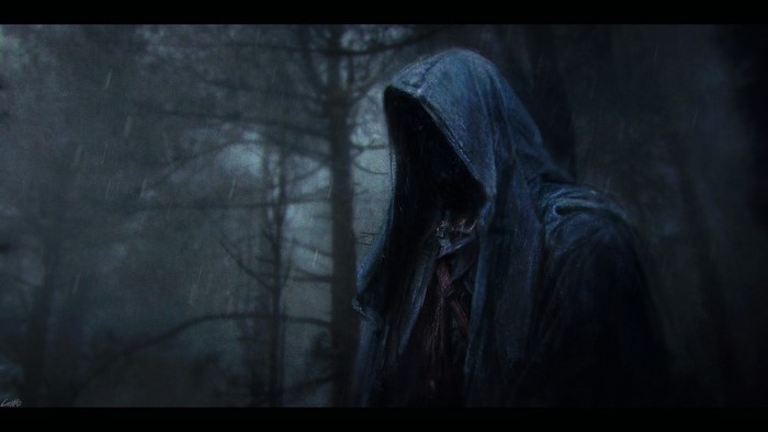 Figure in a hood in a dark forest