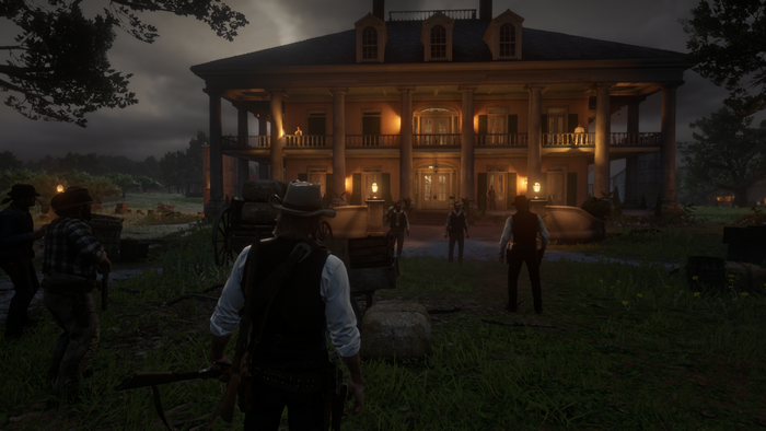 Red Dead Redemption 2 characters in front of a mansion
