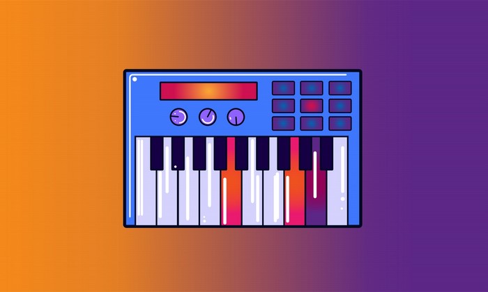 Synthwave artwork of a colorful digital keyboard
