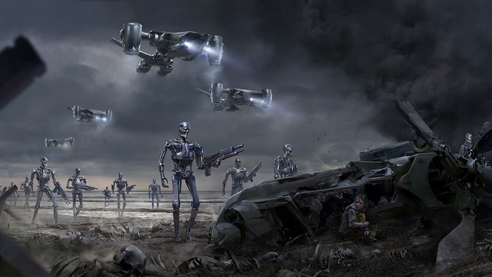 Terminator robots and flying vehicles in an apocalyptic landscape